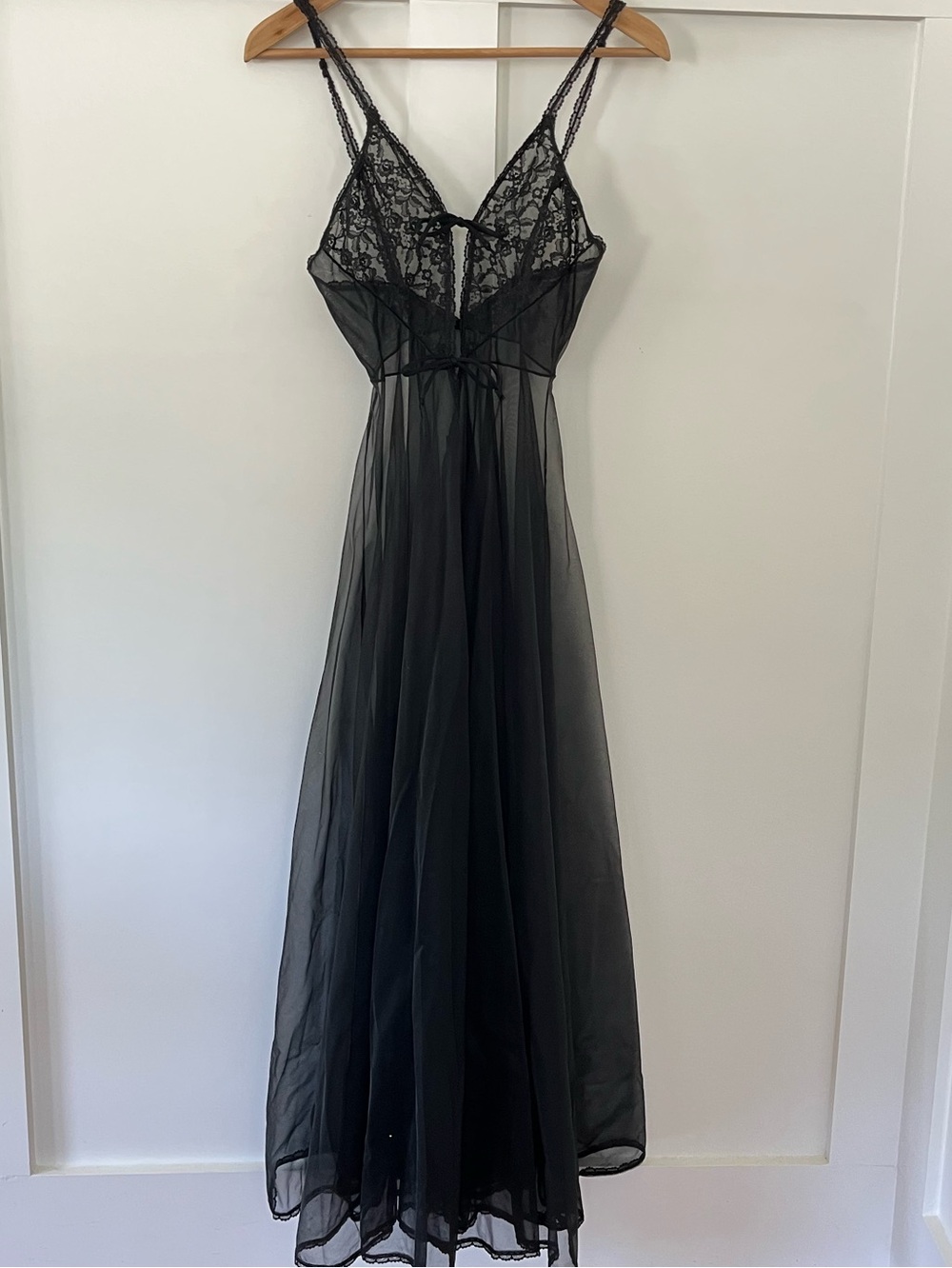 Vintage Sheer Black Maxi Gown-Grand Sweep skirt-double tie front/Negligee